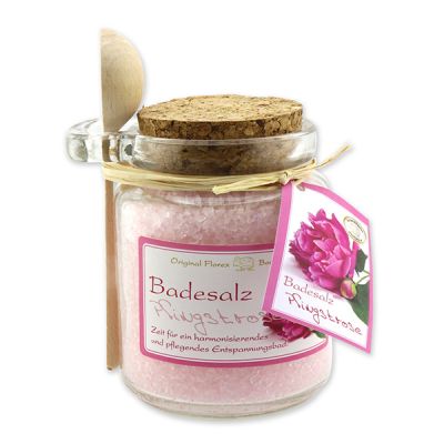 Bath salt 300g in a glass jar with a wooden spoon, Peony 