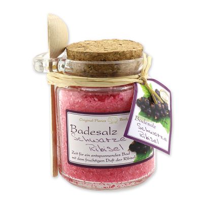 Bath salt 300g in a glass jar with a wooden spoon, Black currant 