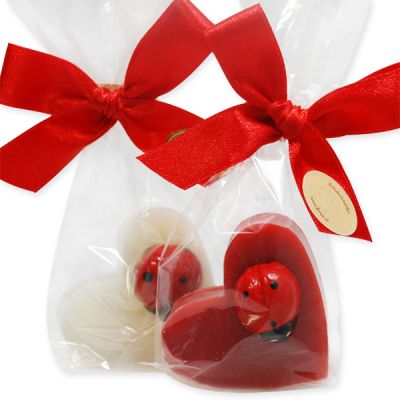 Schafmilchseife Herz mittel 23g dekoriert mit Marienkäfer in Cello, Classic/Granatapfel 