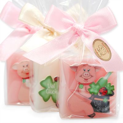 Schafmilchseife Quadrat 35g dekoriert mit Glücksschweinchen in Cello, Classic/Pfingstrose 