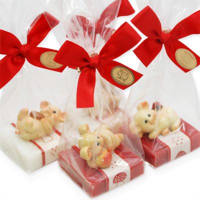 Schafmilchseife Quadrat 35g dekoriert mit Schweinchen in Cello, Classic/Granatapfel 