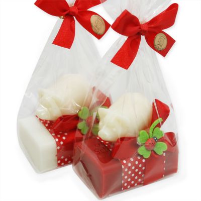 Schafmilchseife eckig 100g dekoriert mit Glücksschweinchen 40g Classic in Cello, Classic/Granatapfel 