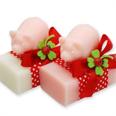Schafmilchseife eckig 100g dekoriert mit Glücksschweinchen rund 40g Pfingstrose, Classic/Pfingstrose 