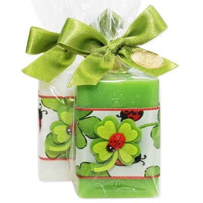 Schafmilchseife eckig 100g dekoriert mit Kleeblatt in Cello, Classic/grüner Apfel 