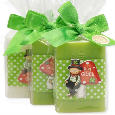 Schafmilchseife eckig 100g dekoriert mit Glücksbringer in Cello, Classic/Birne/grüner Apfel 