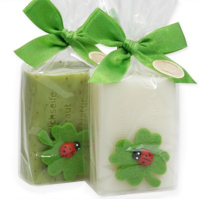 Schafmilchseife eckig 100g dekoriert mit Kleeblatt in Cello,  Classic/Eisenkraut 