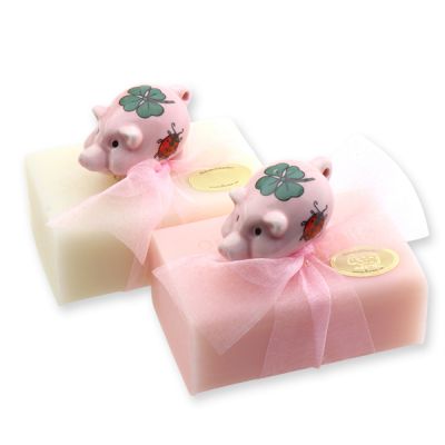 Schafmilchseife eckig 100g dekoriert mit Schwein,  Classic/Pfingstrose 