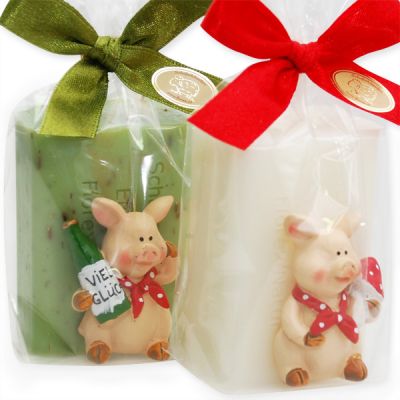 Schafmilchseife eckig 100g dekoriert mit Glücksschweinchen in Cello, Classic/Eisenkraut 