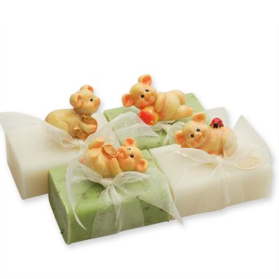 Schafmilchseife eckig 100g dekoriert mit Schweinchen sortiert, Classic/Eisenkraut 