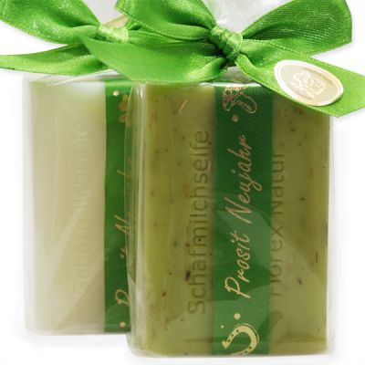 Schafmilchseife eife eckig 100g dekoriert mit Schleife "Prosit-Neujahr" in Cello, Classic/Eisenkraut 