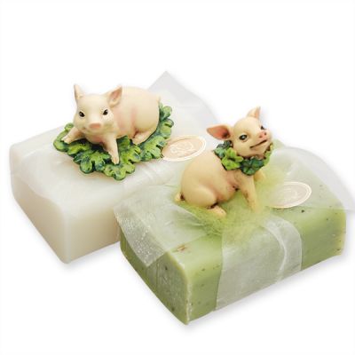 Schafmilchseife eckig 100g dekoriert mit  Glücksschweinchen sortiert, Classic/Eisenkraut 