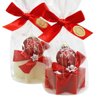 Schafmilchseife Stern midi plus 40g, dekoriert mit Weihnachtskugel in Cello, Classic/Granatapfel 
