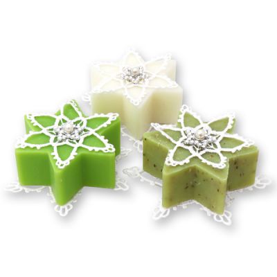 Sheep milk soap star 80g, decorated with with crochet stars, sorted 