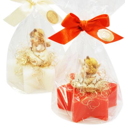 Schafmilchseife Stern 80g, dekoriert mit Engel blond in Cello, Classic/Blutorange 