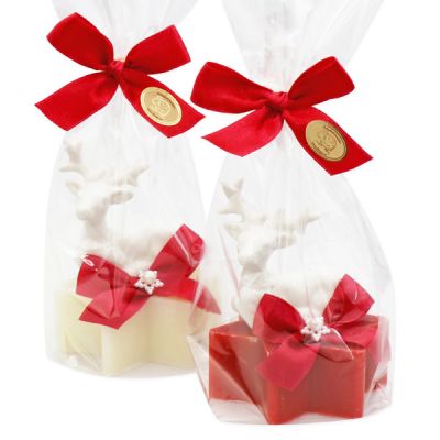 Schafmilchseife Stern 80g, dekoriert mit Hirsch in Cello, Classic/Granatapfel 