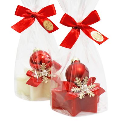 Schafmilchseife Stern 80g, dekoriert mit Weihnachtskugel in Cello, Classic/Granatapfel 
