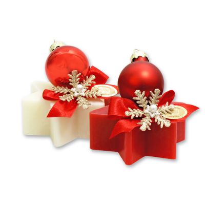 Schafmilchseife Stern 80g, dekoriert mit Weihnachtskugel, Classic/Granatapfel 