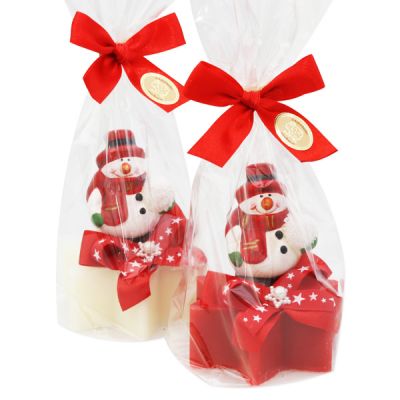 Schafmilchseife Stern 80g, dekoriert mit Schneemann in Cello, Classic/Granatapfel 