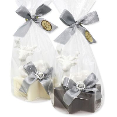 Sheep milk soap star 80g, decorated with a deer in a cellophane, Classic/christmas rose 