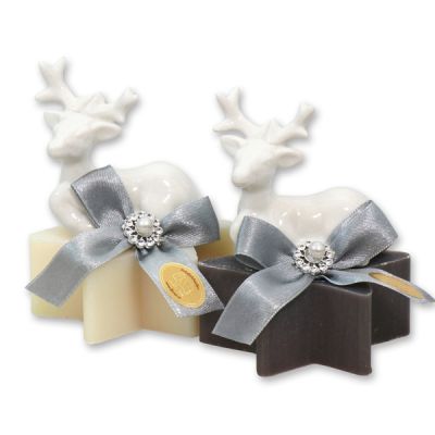 Sheep milk soap star 80g, decorated with a deer, Classic/christmas rose 
