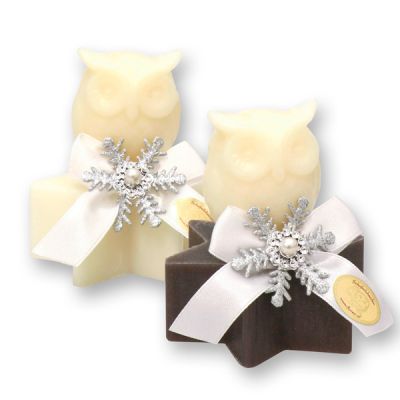 Sheep milk soap star 80g, decorated with a soap owl 50g, Classic/christmas rose 