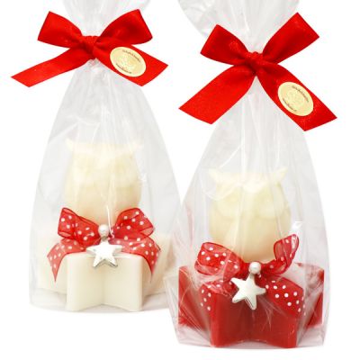 Schafmilchseife Stern 80g, dekoriert mit Seife Eule 50g in Cello, Classic/Granatapfel 