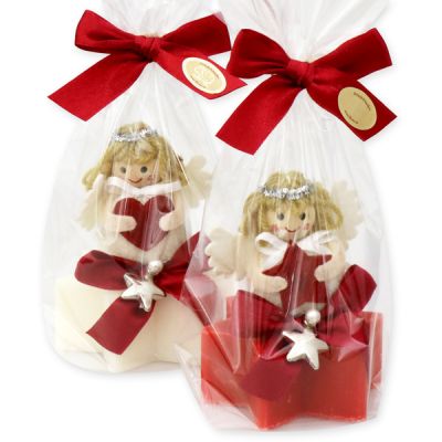 Schafmilchseife Stern 80g, dekoriert mit Stoffengel in Cello, Classic/Granatapfel 