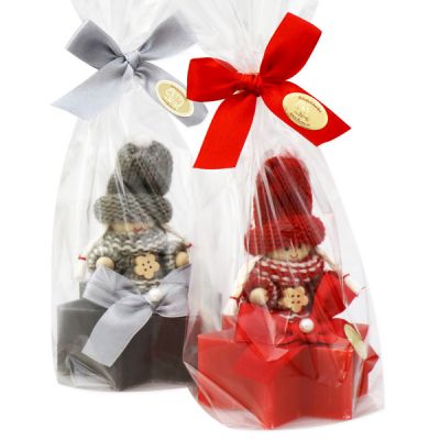 Schafmilchseife Stern 80g, dekoriert mit Wollwichtel in Cello, Cranberry/Christrose 
