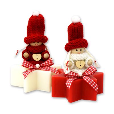 Schafmilchseife Stern 80g, dekoriert mit Wollwichtel, Classic/Cranberry 