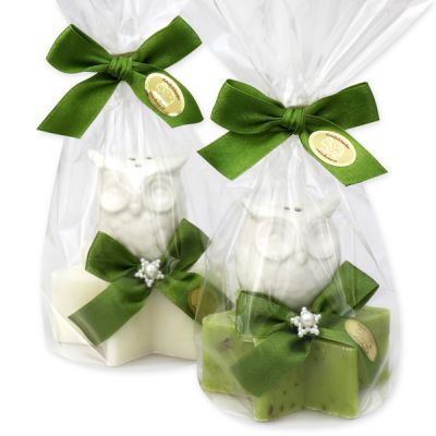 Sheep milk soap star 80g, decorated with an owl in a cellophane, Classic/verbena 