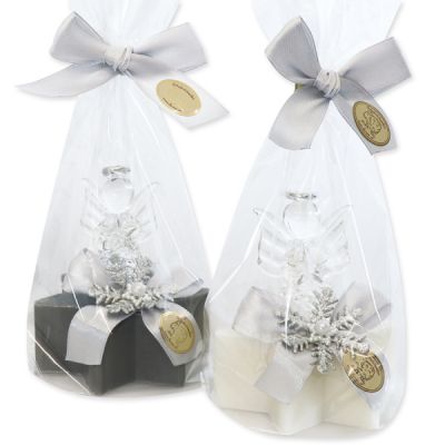 Sheep milk soap star 80g, decorated with an angel in a cellophane, Classic/christmas rose 