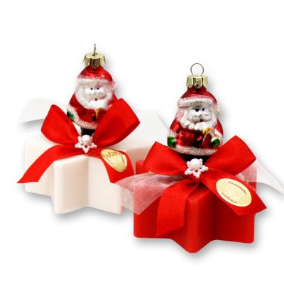 Schafmilchseife Stern 80g, dekoriert mit Weihnachtsmann, Schneerose/Cranberry 
