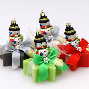 Sheep milk soap star 80g, decorated with a glass snowman, sorted 