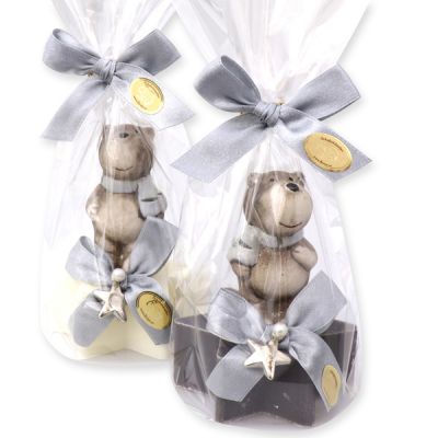 Sheep milk soap star 80g, decorated with a bear in a cellophane, Classic/christmas rose 