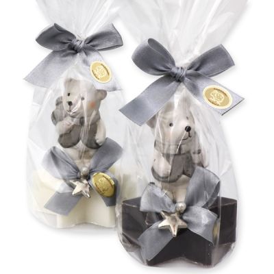 Sheep milk soap star 80g, decorated with a polar bear in a cellophane, Classic/christmas rose 