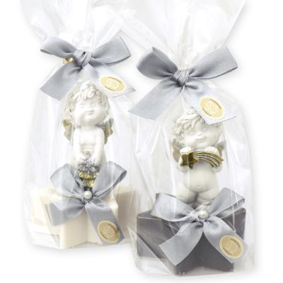 Sheep milk soap star 80g, decorated with an angel 'Igor' in a cellophane, Christmas rose white/silver 