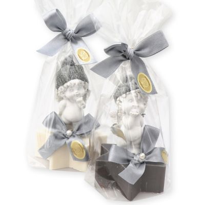 Sheep milk soap star 80g, decorated with an angel 'Igor' in Cello, Christmas rose white/silver 