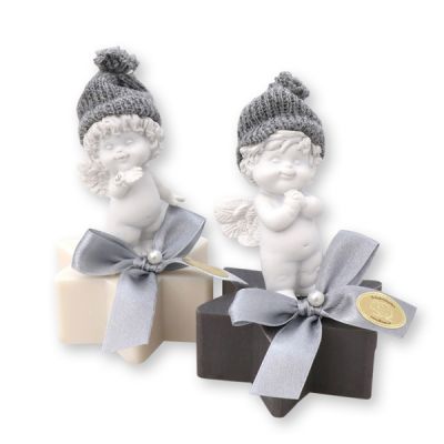 Sheep milk soap star 80g, decorated with an angel 'Igor', Christmas rose white/silver 