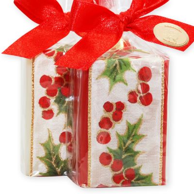 Schafmilchseife eckig 100g, dekoriert mit Dekoband Ilex in Cello, Classic/Granatapfel 