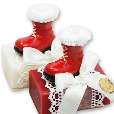 Schafmilchseife eckig 100g, dekoriert mit Weihnachtsstiefel, Classic/Granatapfel 