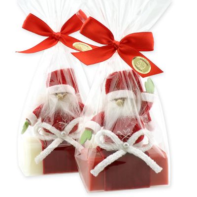 Schafmilchseife eckig 100g, dekoriert mit Wollwichtel in Cello, Classic/Granatapfel 