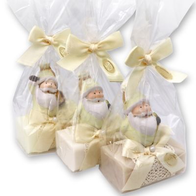 Schafmilchseife eckig 100g dekoriert mit Weihnachtsmann in Cello, sortiert 