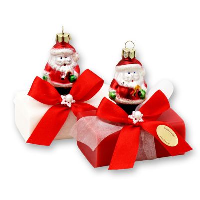 Schafmilchseife eckig 100g, dekoriert mit Glas-Weihnachtsmann, Schneerose/Granatapfel 