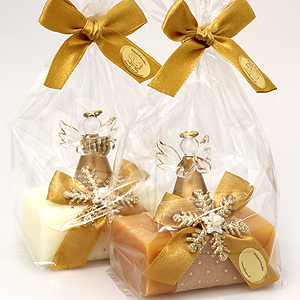 Schafmilchseife eckig 100g, dekoriert mit Engel in Cello, Classic/Quitte 