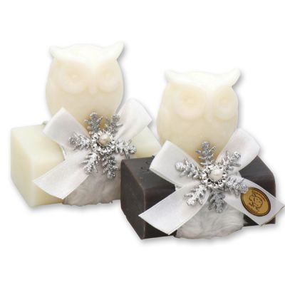 Sheep milk soap 100g, decorated with a soap owl 50g, Classic/christmas rose 