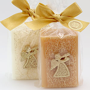 Schafmilchseife eckig 100g, dekoriert mit Engel in Cello, Classic/Quitte 