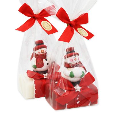 Schafmilchseife eckig 100g, dekoriert mit Schneemann in Cello, Classic/Granatapfel 