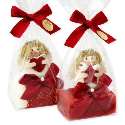 Schafmilchseife eckig 100g, dekoriert mit Stoffengel in Cello, Classic/Granatapfel 