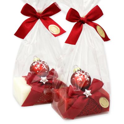 Schafmilchseife eckig 100g, dekoriert mit Glaskugel in Cello, Classic/Granatapfel 