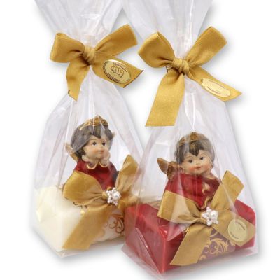 Schafmilchseife eckig 100g dekoriert mit Engel in Cello, Classic/Granatapfel 